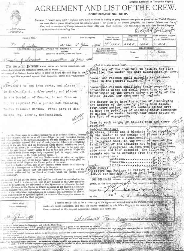 Agreement and List of Crew for the S.S. Caribou - Page 1 - L'accord et la liste de Servent d' �quipier pour S.S. Caribou - la page 1
