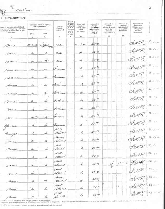 Agreement and List of Crew for the S.S. Caribou, Page 5 - L'accord et la liste de Servent d' �quipier pour S.S. Caribou, la page 5