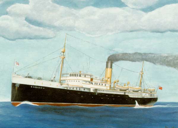 Postcard of a oil painting of the Newfoundland ferry S.S. Caribou, (built 1925), ran between Port aux Basques, Newfoundland and North Sydney, Nova Scotia.  Torpedoed by German submarine U 69, 25 miles southwest of Channel Head, near St. Paul's Island, Nfld., with a loss of 137 lives - La carte postale d'une peinture � l'huile du bac S.S. Caribou de Terre-Neuve, (construit 1925), a fonctionn� entre les Basques, la Terre-Neuve et le nord aux. gauches Sydney, la Nouvelle-�cosse. Torpedoed en le sous-marin U 69, 25 milles de sud-ouest de t�te de la Manche, pr�s d'�le de rue Paul, Nfld. d'German, avec une perte des 137 vies