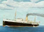 Postcard of a oil painting of the Newfoundland ferry S.S. Caribou, (built 1925), ran between Port aux Basques, Newfoundland and North Sydney, Nova Scotia.  Torpedoed by German submarine U 69, 25 miles southwest of Channel Head, near St. Paul's Island, Nfld., with a loss of 137 lives - La carte postale d'une peinture � l'huile du bac S.S. Caribou de Terre-Neuve, (construit 1925), a fonctionn� entre les Basques, la Terre-Neuve et le nord aux. gauches Sydney, la Nouvelle-�cosse. Torpedoed en le sous-marin U 69, 25 milles de sud-ouest de t�te de la Manche, pr�s d'�le de rue Paul, Nfld. d'German, avec une perte des 137 vies
