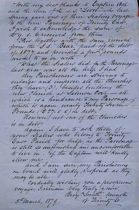 Letter of thanks to S.S. Lion - Lettre des mercis  S.S. Lion