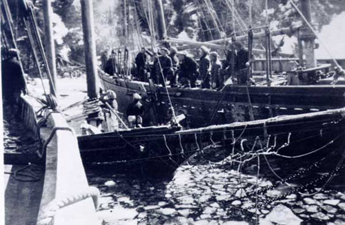 (L-R) Trinity North/Defender/Evelyn Evans showing portions of the three vessels and some crew - (L-R) Trinity North/Defender/Evelyn Evans montrant trois navires