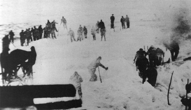 Filming one of the storm scenes. On the right, artifical snow is being blown by a wind machine constructed from an aeroplane propeller.